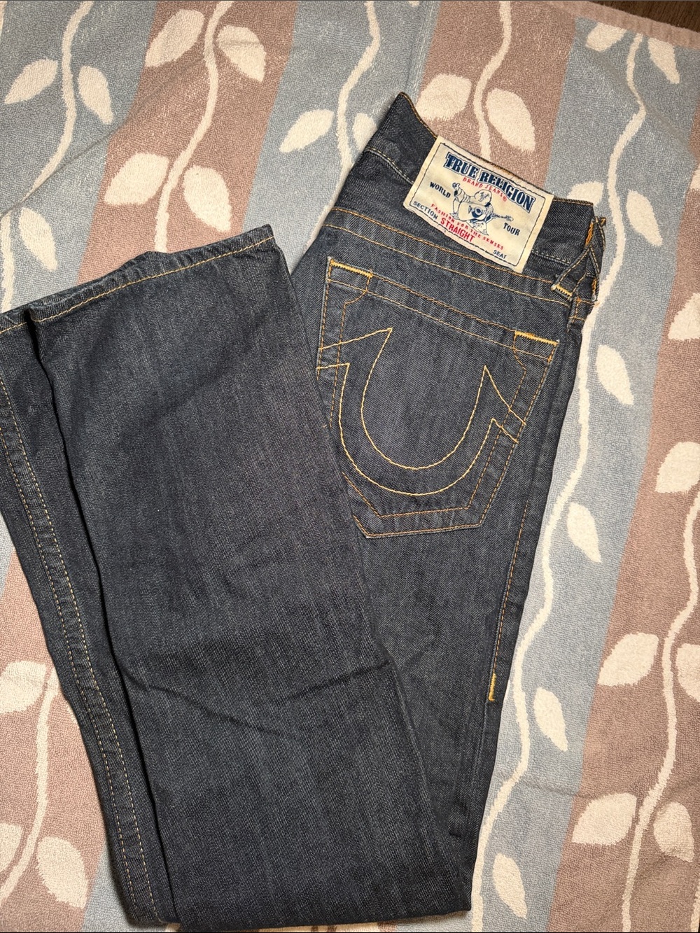 True Religion Straight Leg Dark Blue Denim Jeans with Signature Stitch